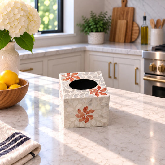 Floral Mother of Pearl Tissue Box Cover – Handmade Shell Inlay Square Holder