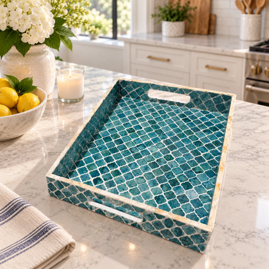 Blue Mother of Pearl Inlay Rectangle Tray – Decorative Coffee Table Tray