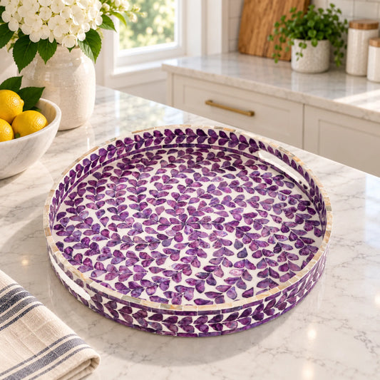 Purple Round Mother of Pearl Tray – Decorative Serving Tray