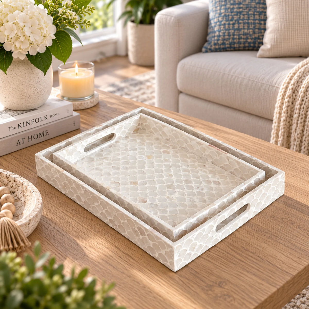 White Mother of Pearl Rectangle Serving Tray – Fish Scale Shell Inlay