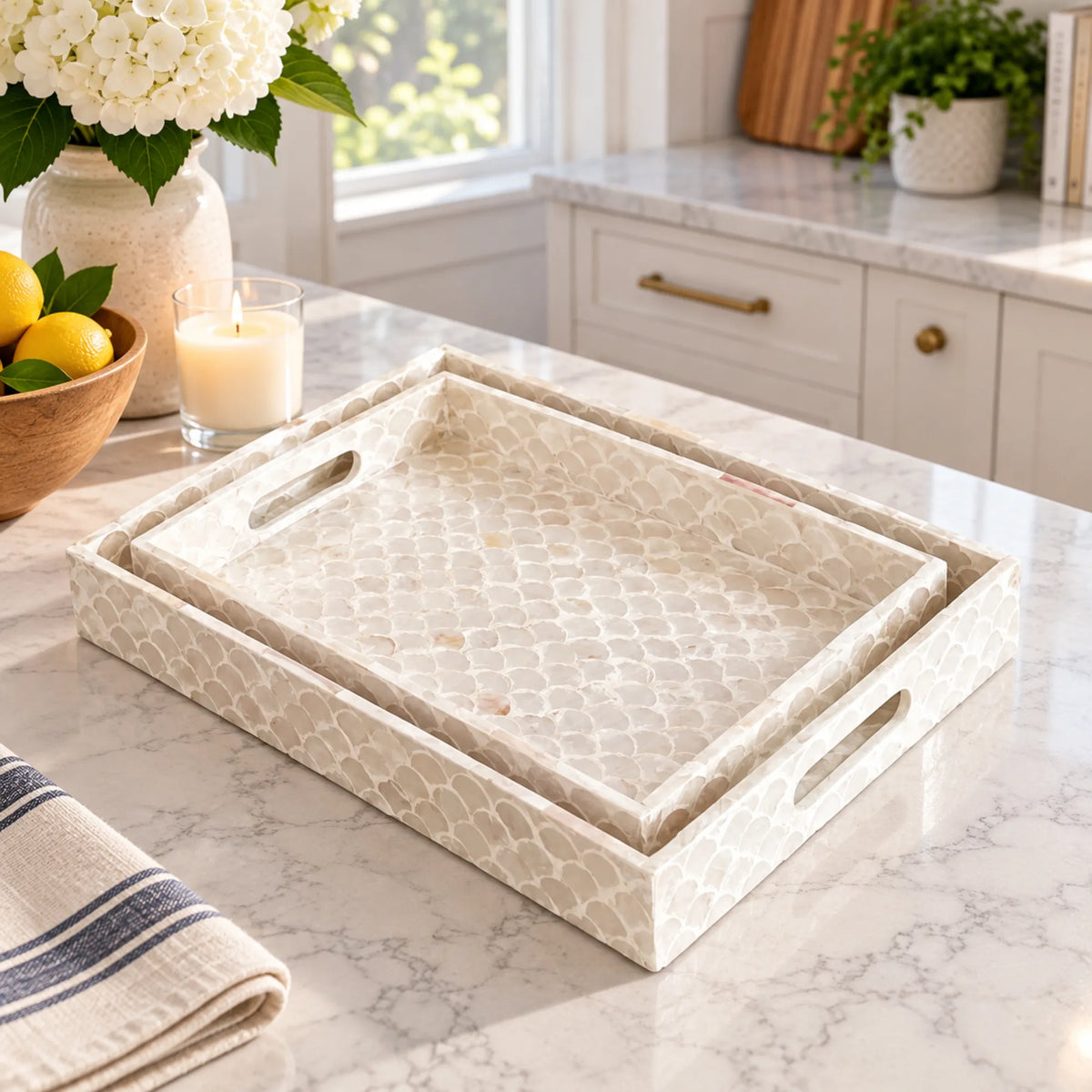 White Mother of Pearl Rectangle Serving Tray – Fish Scale Shell Inlay