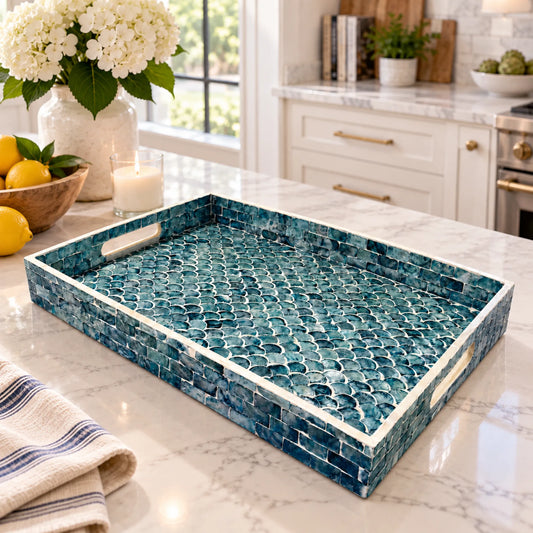 Blue Mother of Pearl Rectangle Serving Tray – Fish Scale Shell Inlay