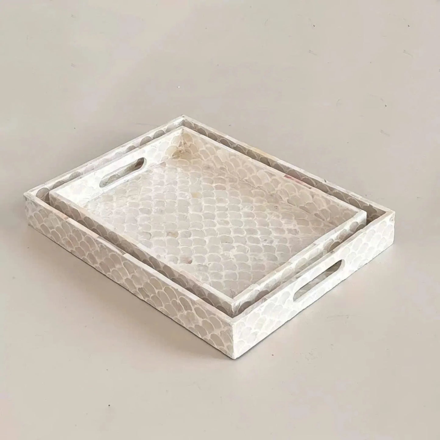 White Mother of Pearl Rectangle Serving Tray – Fish Scale Shell Inlay