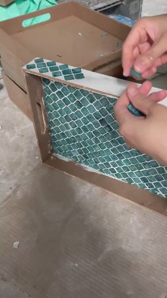 Blue Mother of Pearl Rectangle Tray, Shell Inlay Serving Tray, Coastal Decor