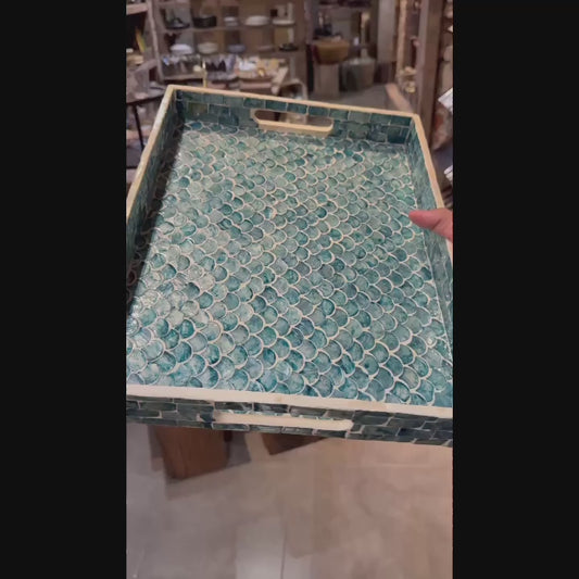 Blue Mother of Pearl Fish Scale Tray, Coastal Rectangle Serving Tray