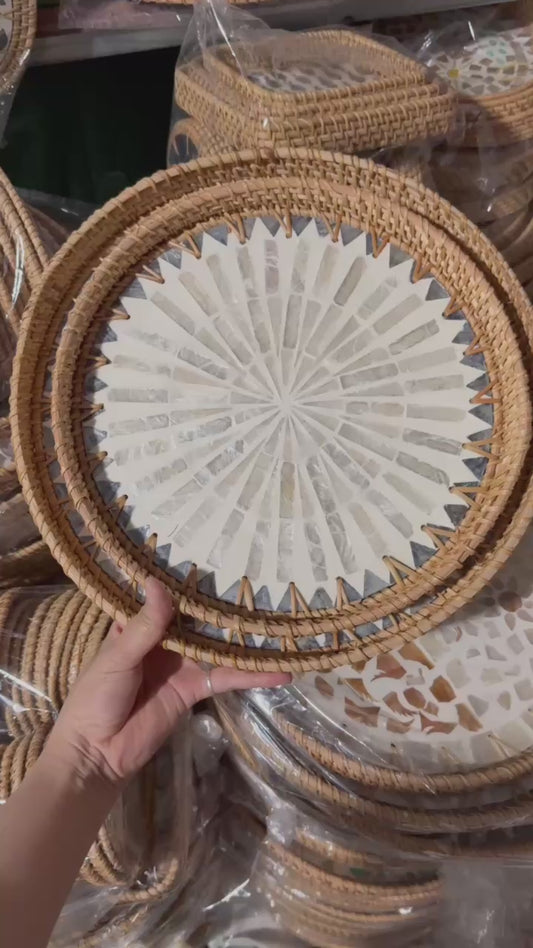 Mother of Pearl Rattan Tray | Handmade Serving Tray Decor