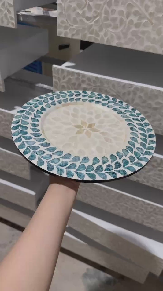 Blue Leaf Mother of Pearl Decorative Plate | Handmade Shell Inlay Wall & Table Décor