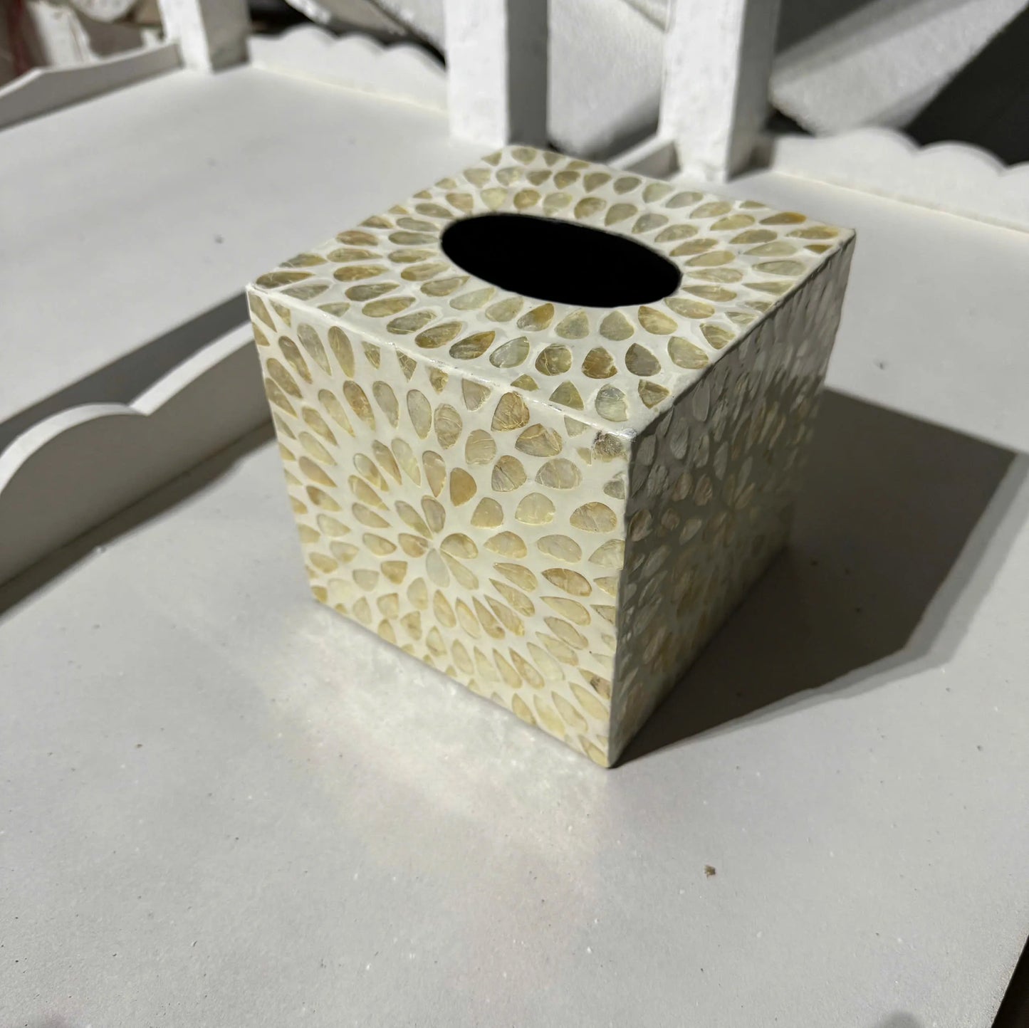 Pearl Mosaic Tissue Box Cover – Handmade Decorative Square Holder