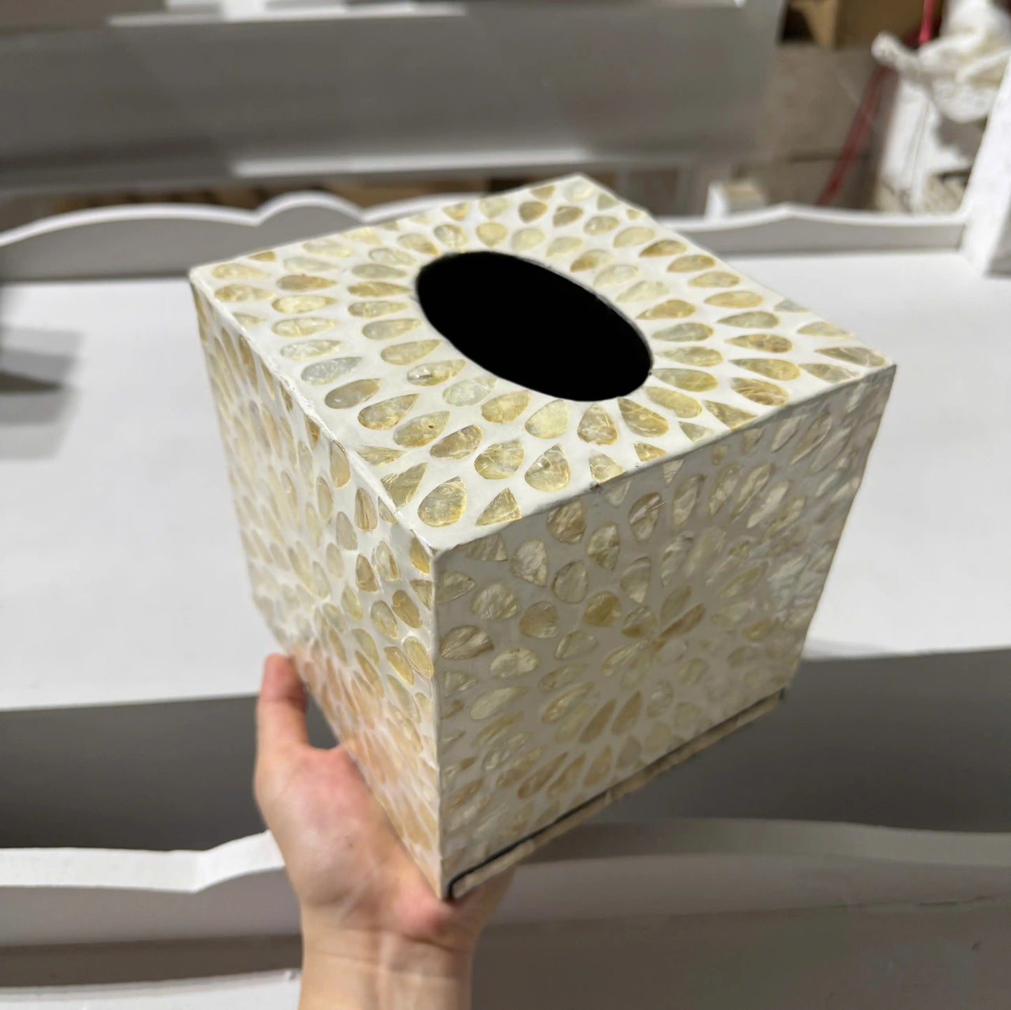 Pearl Mosaic Tissue Box Cover – Handmade Decorative Square Holder