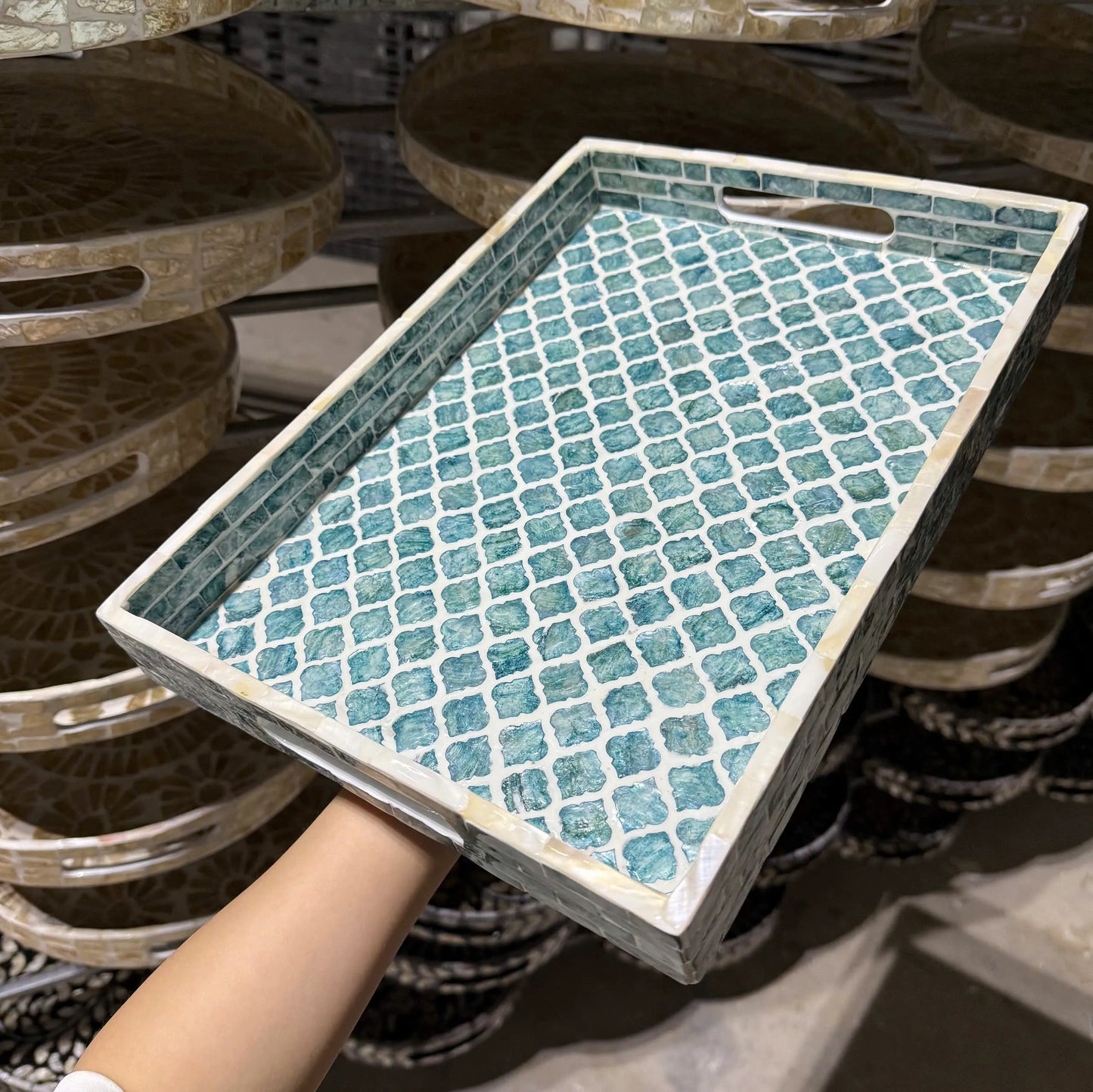Blue Mother of Pearl Rectangle Tray – Handmade Decorative Serving Tray