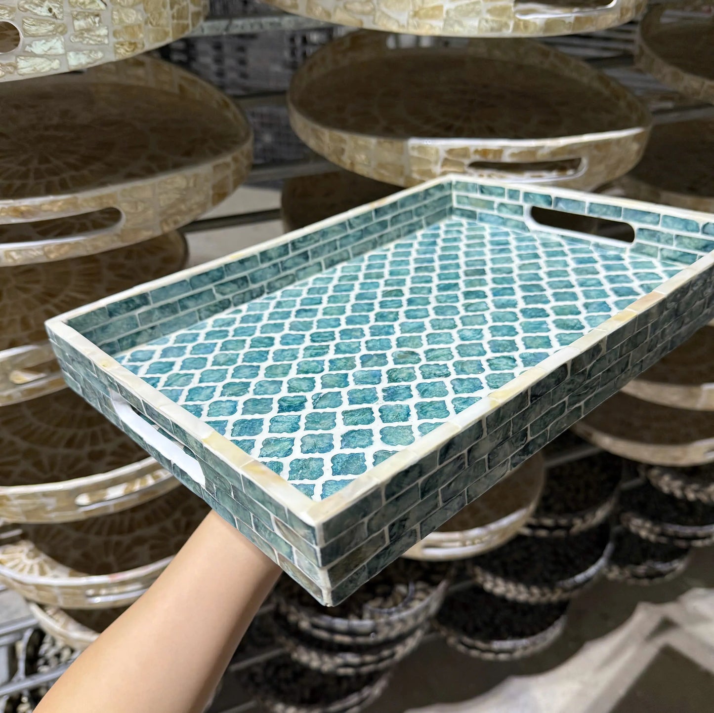 Blue Mother of Pearl Rectangle Tray – Handmade Decorative Serving Tray