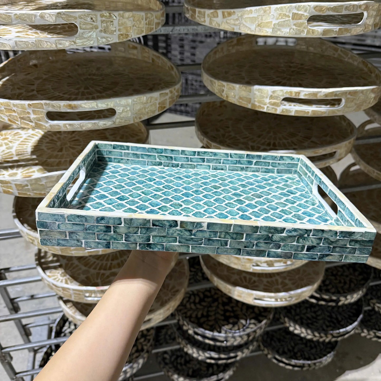 Blue Mother of Pearl Rectangle Tray – Handmade Decorative Serving Tray