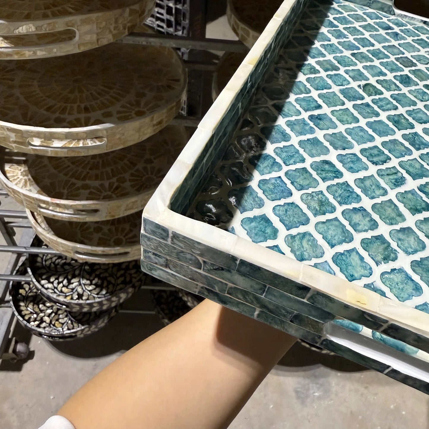 Blue Mother of Pearl Rectangle Tray – Handmade Decorative Serving Tray