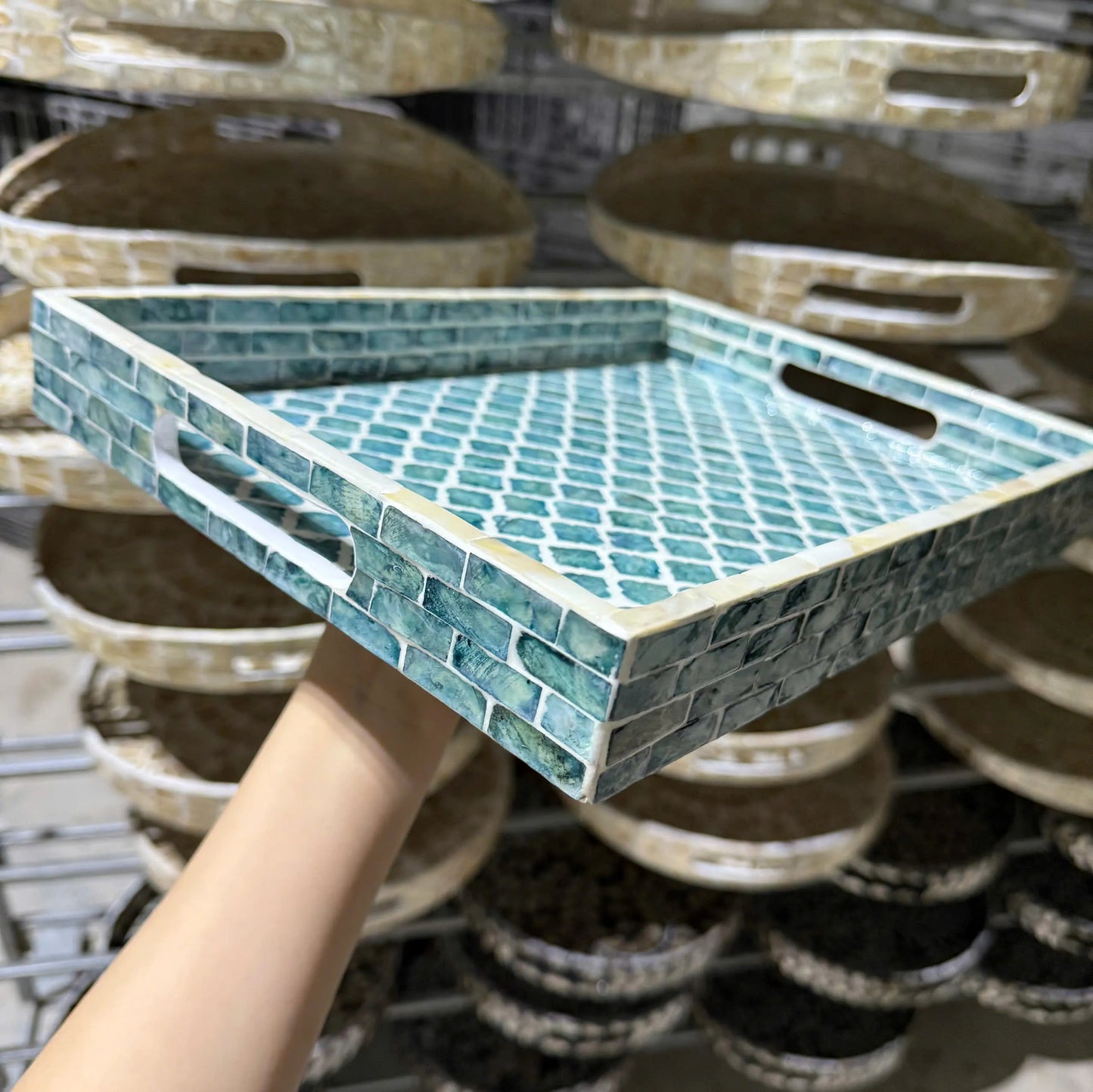Blue Mother of Pearl Rectangle Tray – Handmade Decorative Serving Tray