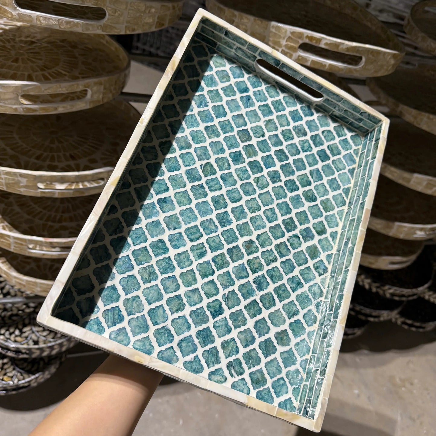 Blue Mother of Pearl Rectangle Tray – Handmade Decorative Serving Tray